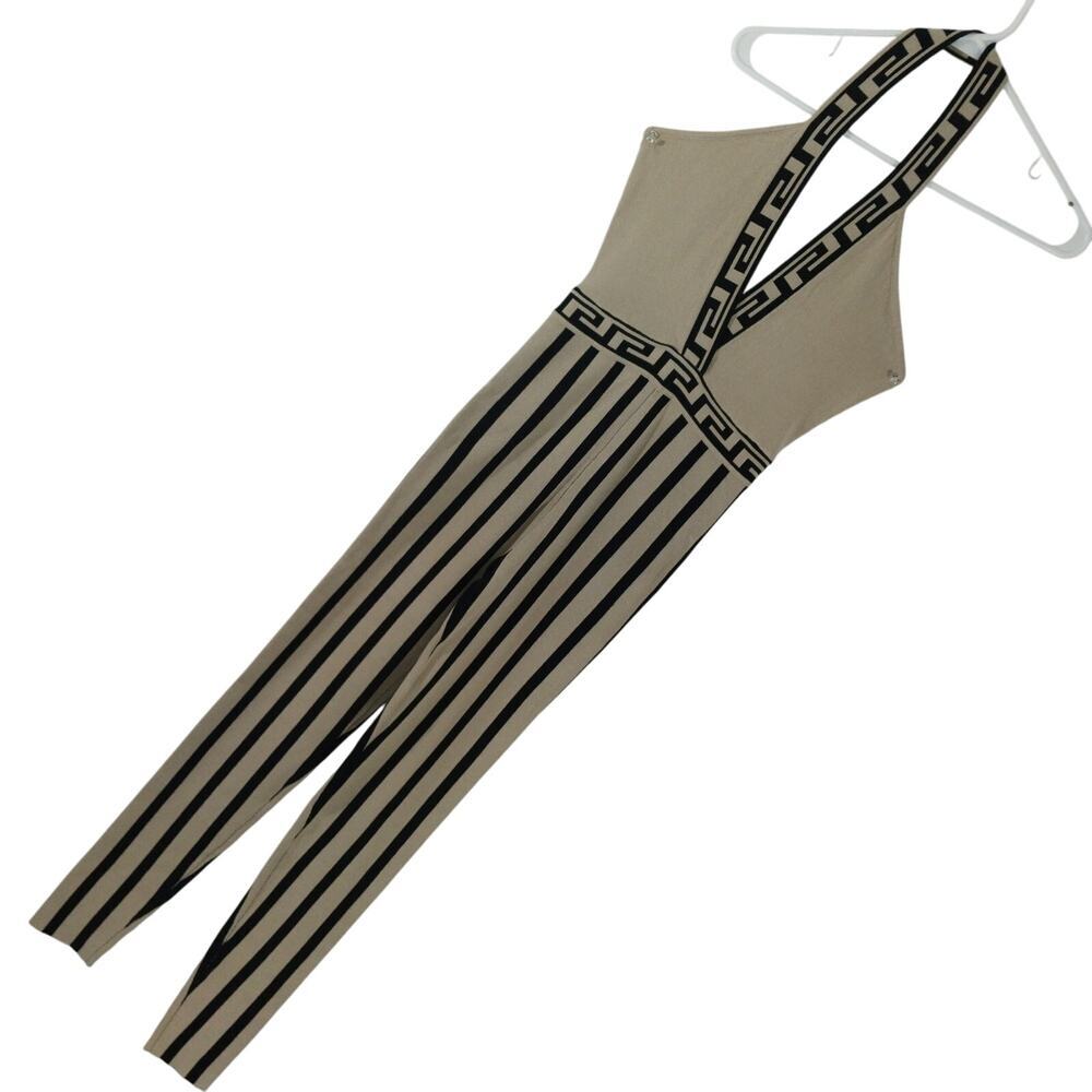 NWT! GOOD TIME USA! BLACK & TAN STRIPED, GREEK TRIM HALTER ONESIE, JUMPER! SZ S